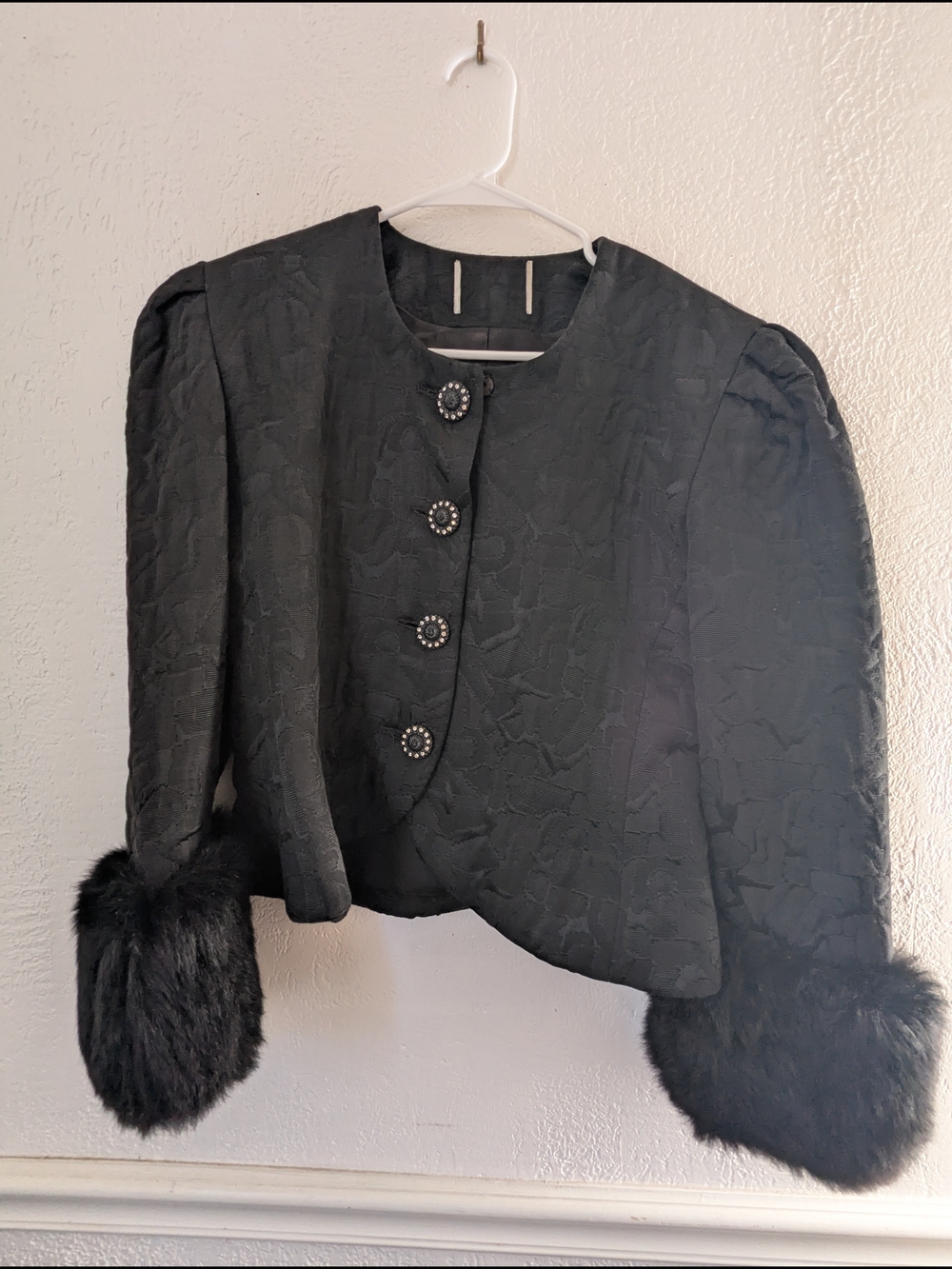 Black Textured Cropped Jacket with Faux Fur Cuffs
